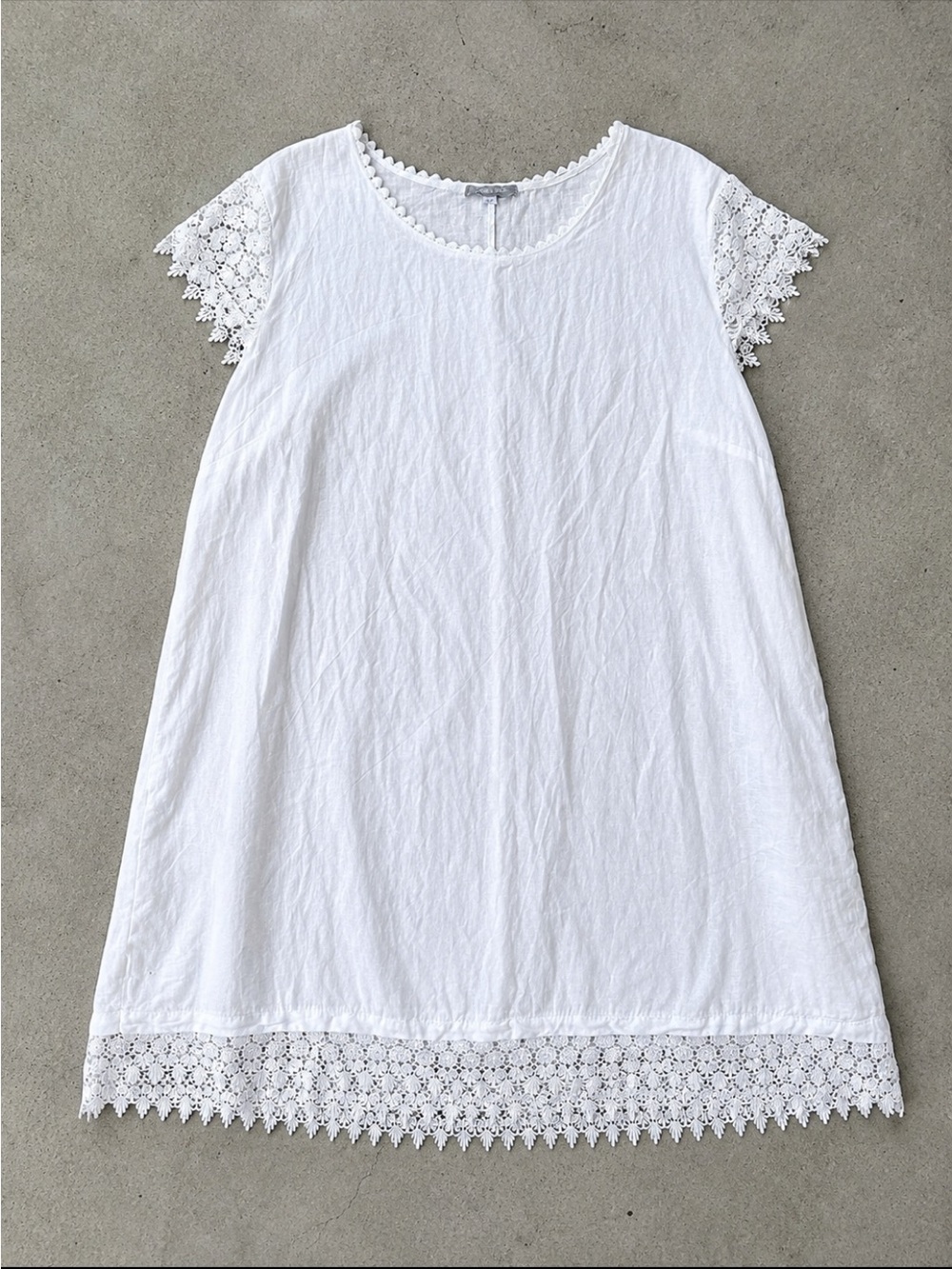 Carina Ricci Italy 100% Linen Lace Trim Shift Dress 2X White Cap Sleeve Coastal